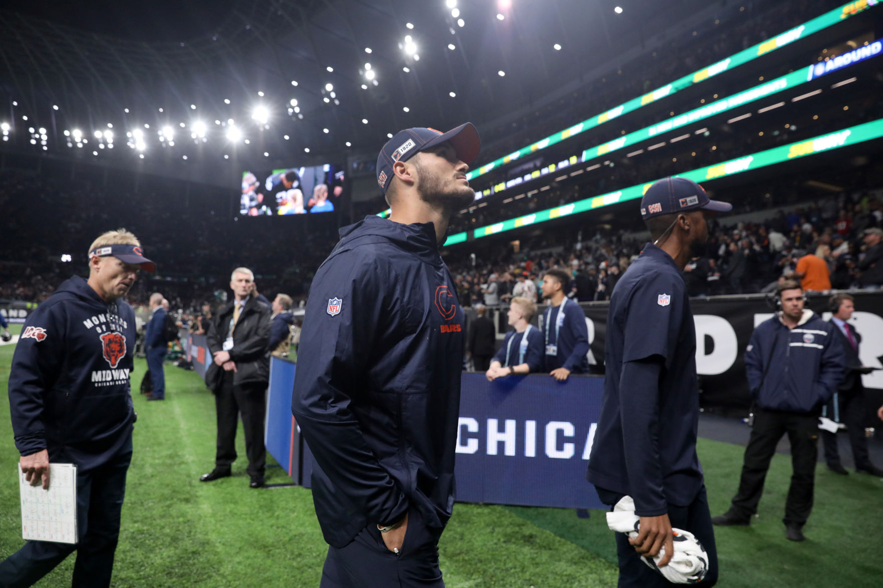 Injured Chicago Bears quarterback Mitch Trubisky walks to the locker room after a loss to the Oakland Raiders Sunday, Oct. 6, 2019 at Tottenham Hotspur Stadium in London, UK.